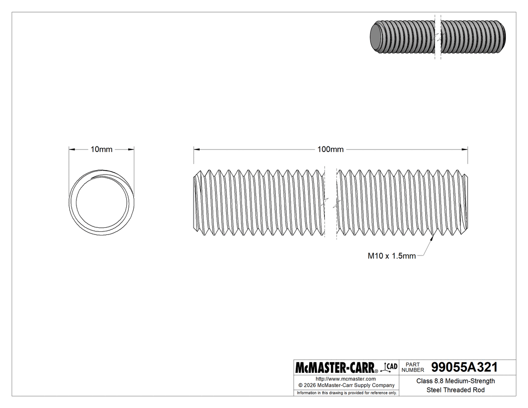 Technical Drawing of Class 8.8 Medium-Strength Steel Threaded Rod, M10 x 1.5 mm Thread Size, 100 mm Long.